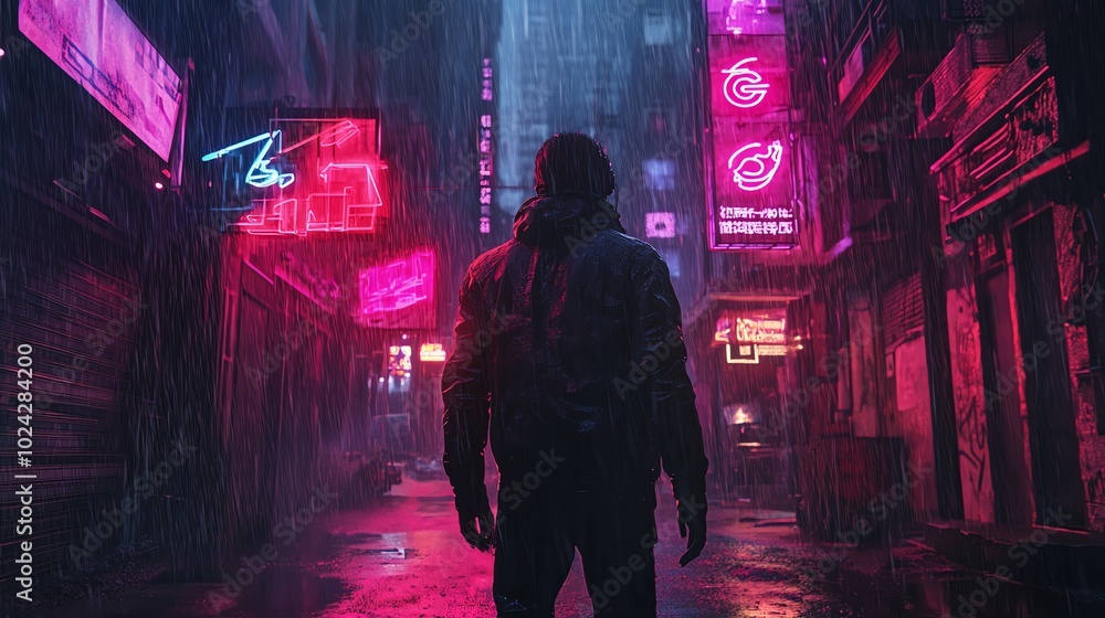 A lone man stands in a rainy cyberpunk city, looking out into the neon-lit street. A lone man stands in a rainy cyberpunk city, looking out into the neon-lit street.