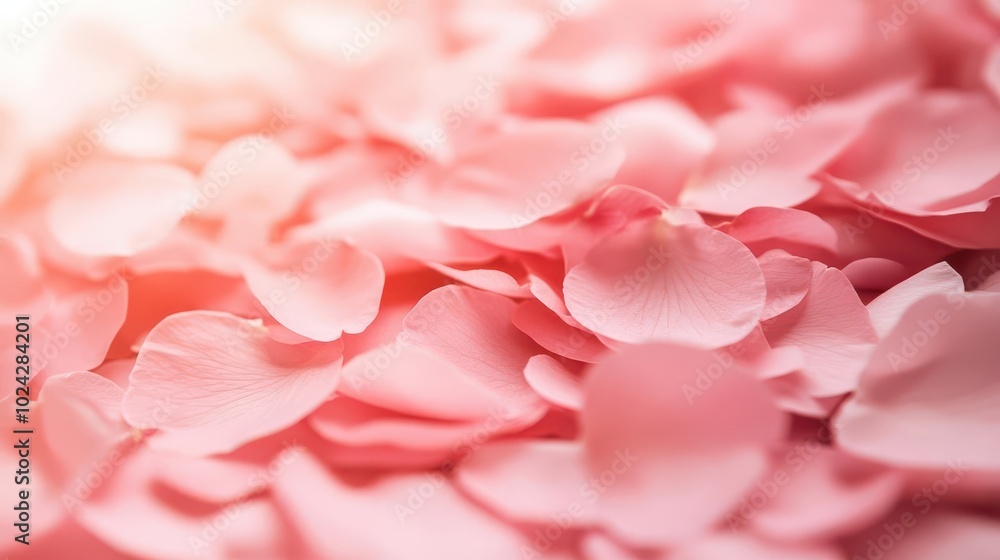 Fototapeta premium Soft pink flower petals fluttering in the breeze, warm sunlight, ultrarealistic detail of texture and the gentle touch of nature