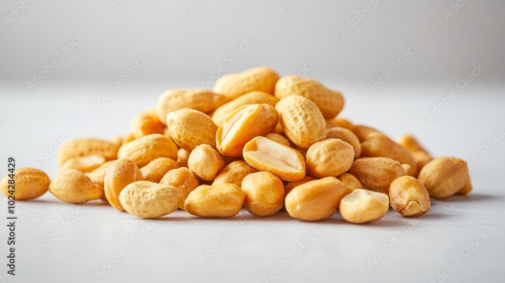 A pile of roasted and salted peanuts, perfectly golden, scattered on a clean white surface, sharp focus with subtle shadows, ideal for snack ads A pile of roasted and salted peanuts, perfectly golden, scattered on a clean white surface, sharp focus with subtle shadows, ideal for snack ads