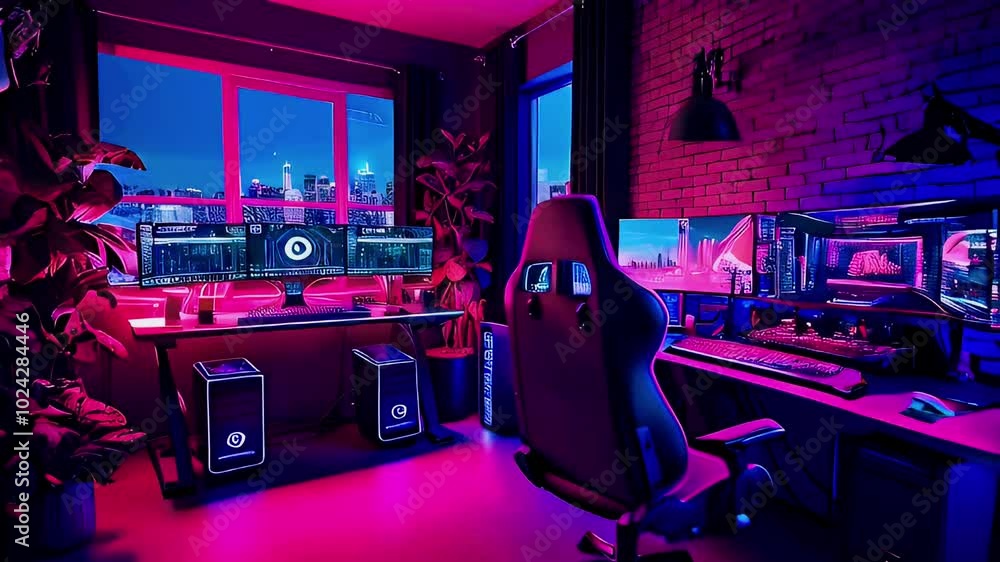 A modern gaming setup with three monitors, a gaming chair, and a ...