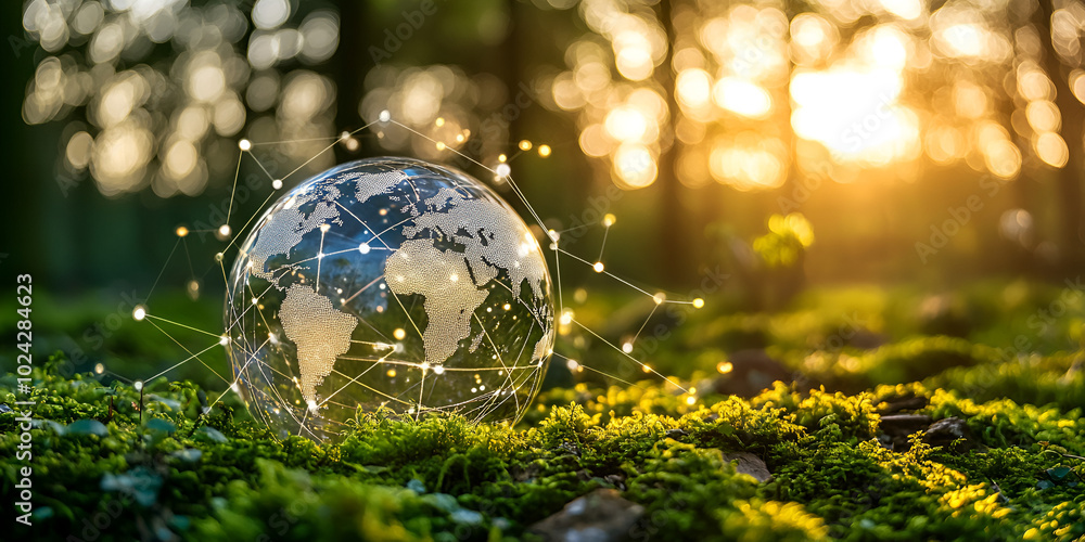 Glass Globe on Green Moss with Sunlight Glass Globe on Green Moss with Sunlight