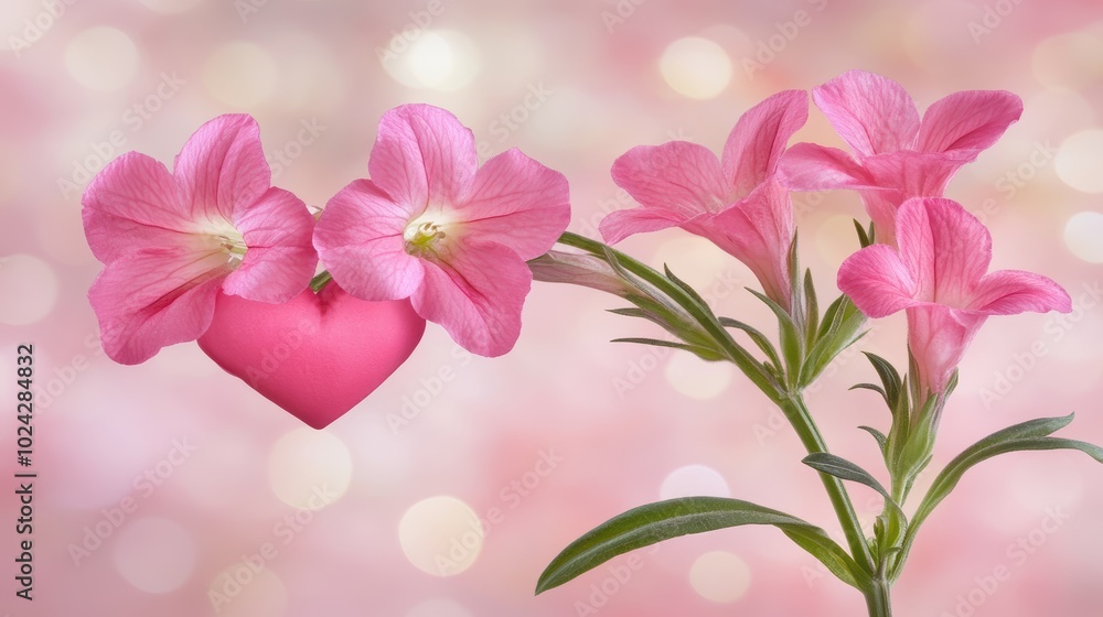Blossoming pink petals heart symbol on shimmering background Blossoming pink petals heart symbol on shimmering background