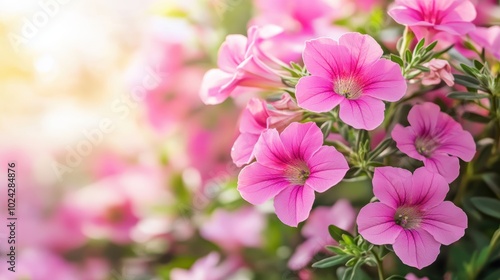 Blooming pink petunias in sunlit garden