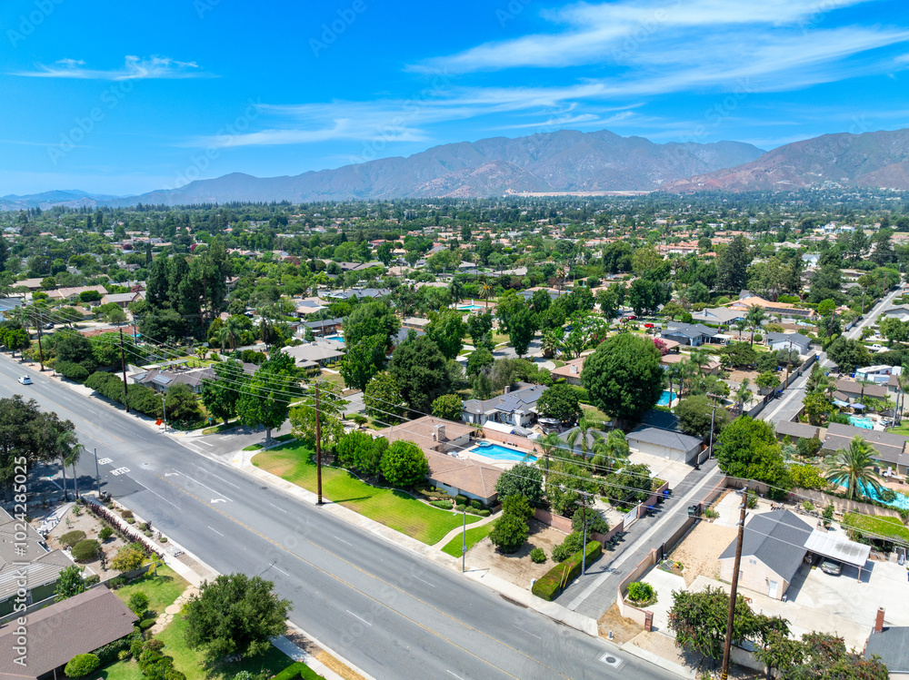 Aerial view of Upland city in San Bernardino County, California, on the border with neighboring Los Angeles County.