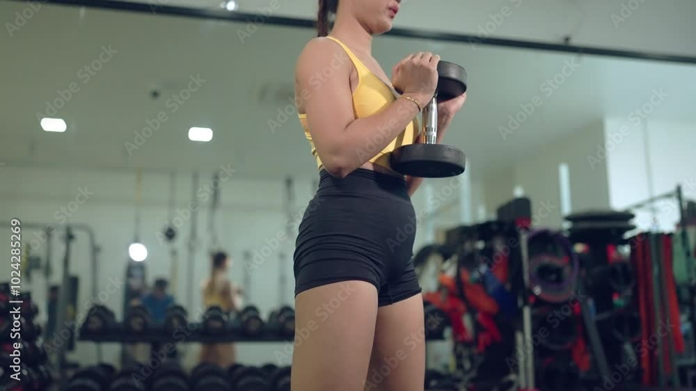 A woman is lifting weights in a gym. She is wearing a yellow top and black shorts. The gym is well-equipped with various exercise equipment, including a bench and a few dumbbells A woman is lifting weights in a gym. She is wearing a yellow top and black shorts. The gym is well-equipped with various exercise equipment, including a bench and a few dumbbells