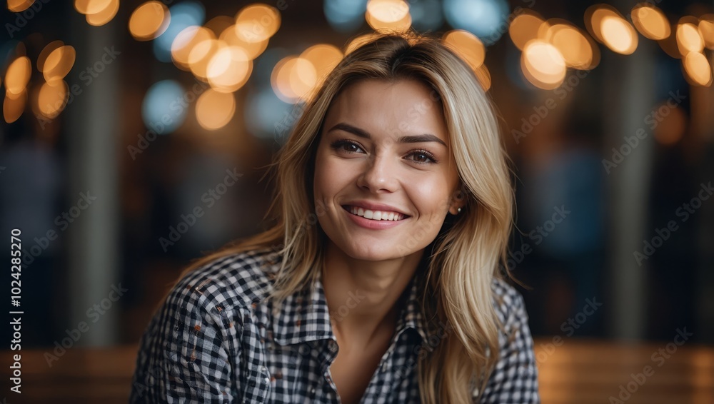 Cheerful gorgeous attractive glad lady in casual checkered shirt Cheerful gorgeous attractive glad lady in casual checkered shirt
