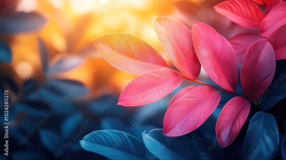 Vibrant pink leaves in a lush, green foliage, bathed in warm sunlight. Vibrant pink leaves in a lush, green foliage, bathed in warm sunlight.