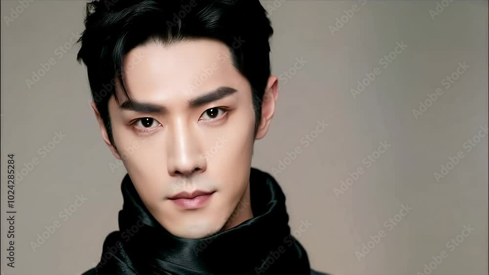 A young asian man with dark, styled hair and a serious expression is wearing a black scarf against a plain background A young asian man with dark, styled hair and a serious expression is wearing a black scarf against a plain background