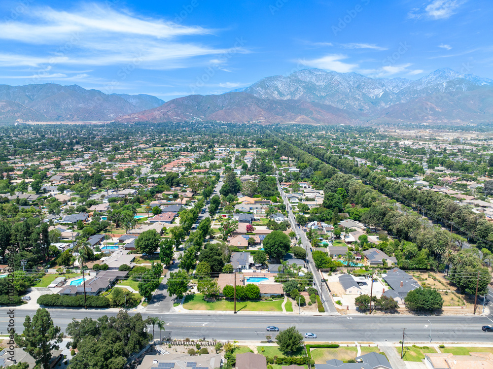 Aerial view of Upland city in San Bernardino County, California, on the border with neighboring Los Angeles County.