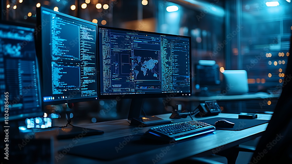 Three computer monitors display complex code and a world map, indicating a high-tech or cybersecurity environment. Three computer monitors display complex code and a world map, indicating a high-tech or cybersecurity environment.
