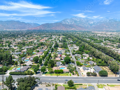 Obraz na płótnie Aerial view of Upland city in San Bernardino County, California, on the border with neighboring Los Angeles County. w salonie