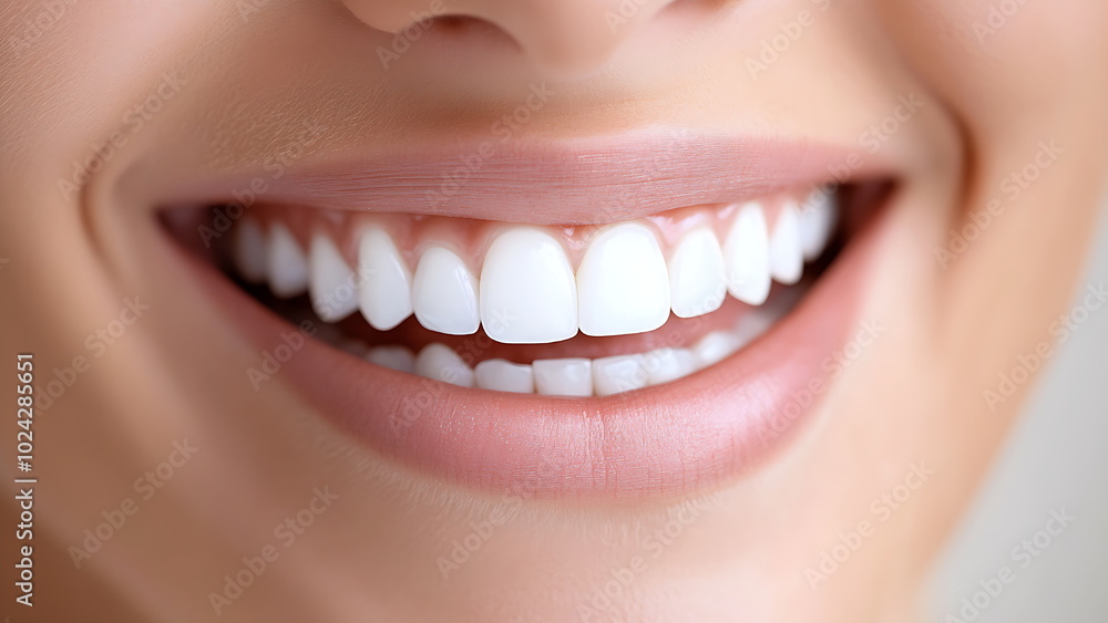 The close-up photo shows a radiant and healthy smile. The white and even teeth, contrasted with the pink gums and lips, are suitable for depicting dental health. The close-up photo shows a radiant and healthy smile. The white and even teeth, contrasted with the pink gums and lips, are suitable for depicting dental health.
