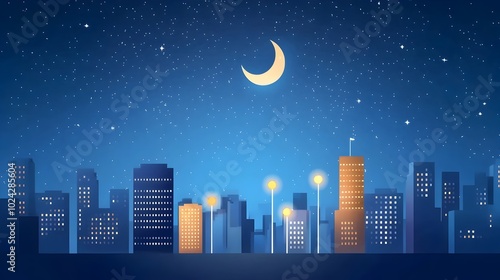 Glowing Cityscape at Nightfall Sleek Skyscrapers and Luminous Streetlights in Flat Design Modern urban landscape with towering buildings illuminated roads and a captivating night time atmosphere