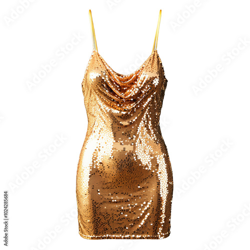 Glamorous sequin mini dress spaghetti straps cowl back allover sequins shimmering gold Product mockup The photo