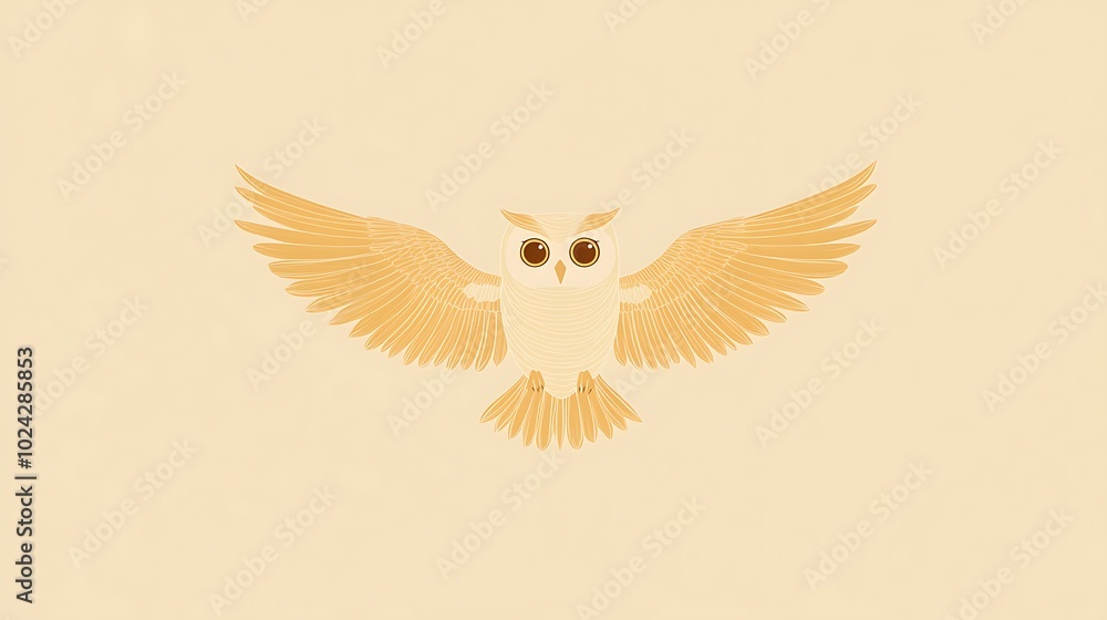 Obraz premium Minimalist owl illustration using just the outline of wings and eyes, with a small triangular beak, set against a solid beige background. Clean and balanced composition, no shading or textures,