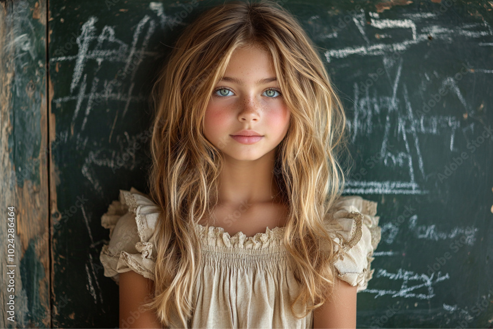 beautiful 12-year-old blonde girl writing with white chalk on a green school blackboard, girl smiling, marble floor, beige dress, with flowers in her hair. beautiful 12-year-old blonde girl writing with white chalk on a green school blackboard, girl smiling, marble floor, beige dress, with flowers in her hair.