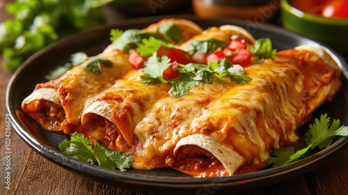 A close-up photo of a delicious Mexican dish. These enchiladas are covered in melted cheese and topped with fresh cilantro, perfect for promoting your restaurant or recipe.