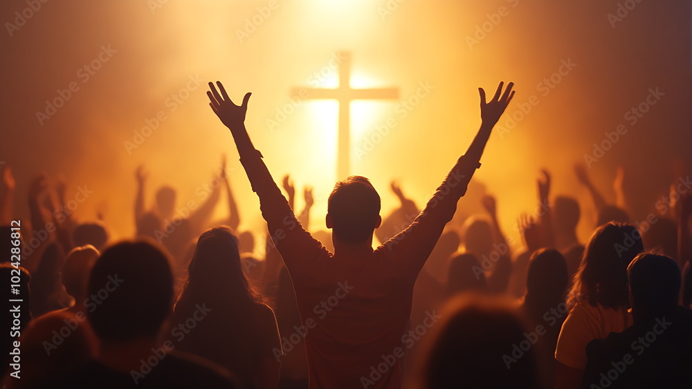 A large group of people, arms raised, in a church, with a cross. A worship scene.