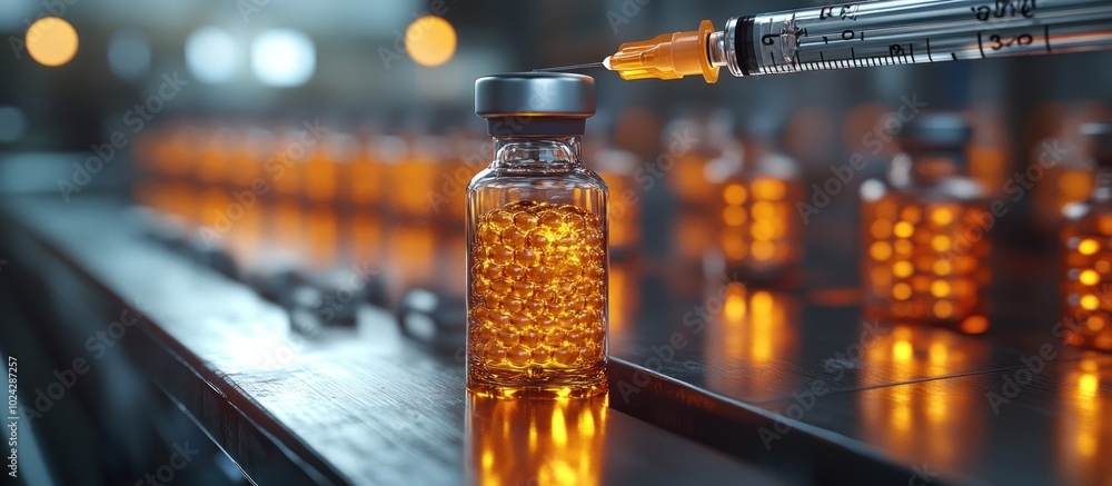 A syringe fills a glass vial with a clear liquid on a production line, with multiple similar vials visible in the background. A syringe fills a glass vial with a clear liquid on a production line, with multiple similar vials visible in the background.
