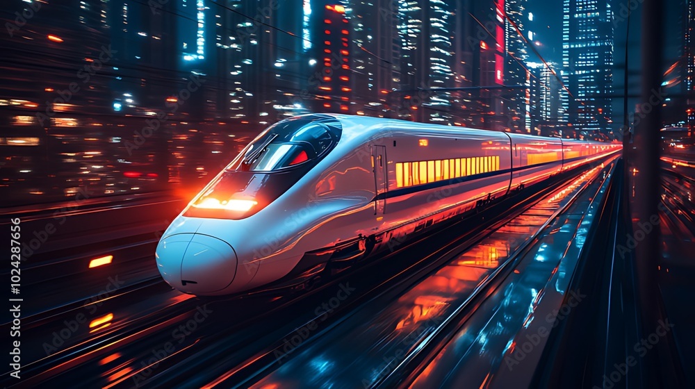 A high-speed train speeds through a modern city at night, with neon lights reflecting off the sleek train. A high-speed train speeds through a modern city at night, with neon lights reflecting off the sleek train.