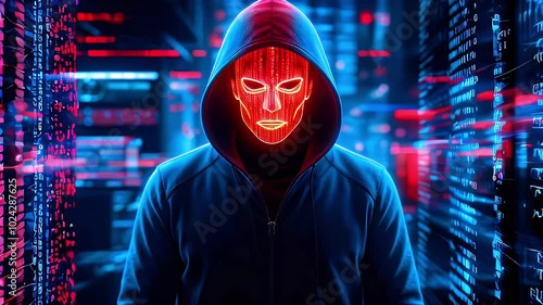 A mysterious figure in a hooded sweatshirt and a glowing red mask, standing in a room illuminated by blue and red lights, surrounded by digital code.