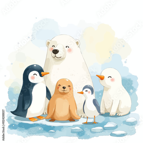 Arctic Friends: Polar Bear, Penguins, and Seal on Ice