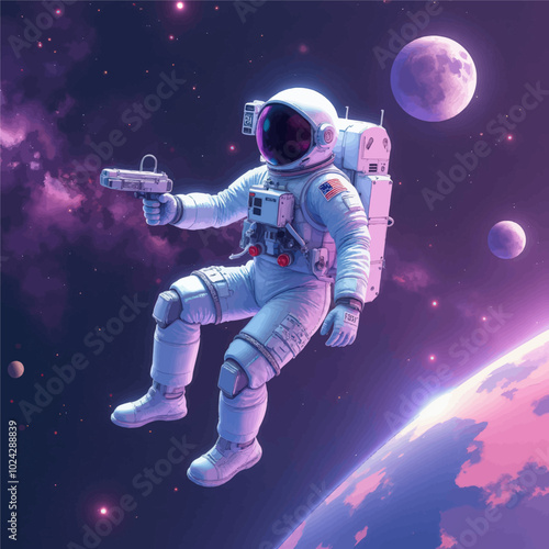 Astronaut Floating in Space with Moon and Planet