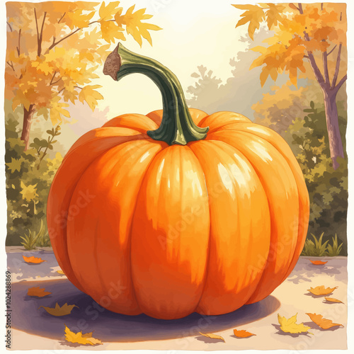 Autumn Pumpkin in Leafy Forest