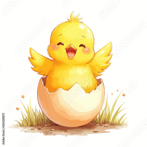 Baby Chick Hatching from Egg in Springtime Field