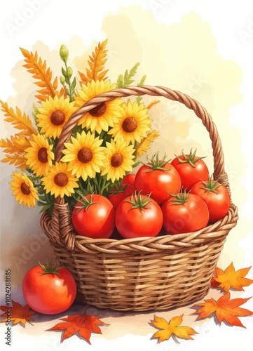 Basket of Tomatoes and Sunflowers