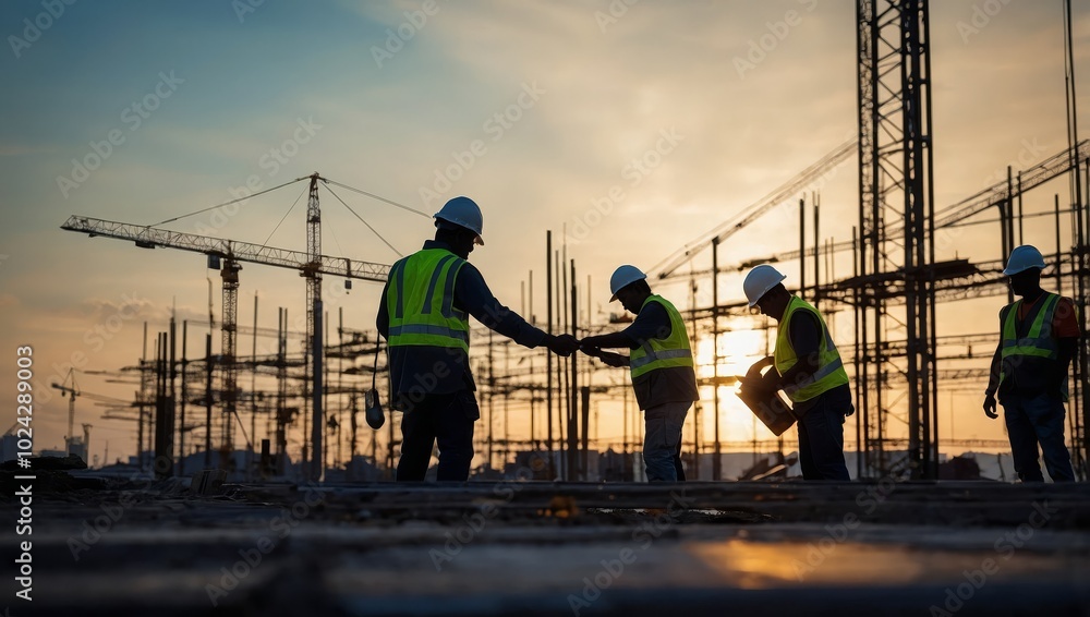 Engineer and construction team silhouettes working at site over blurred background with light fair. Together Engineer and construction team silhouettes working at site over blurred background with light fair. Together