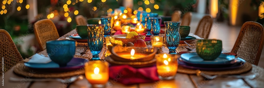 A beautifully arranged dining table set for a Diwali dinner, featuring colorful tableware, candles, and traditional decorations A beautifully arranged dining table set for a Diwali dinner, featuring colorful tableware, candles, and traditional decorations