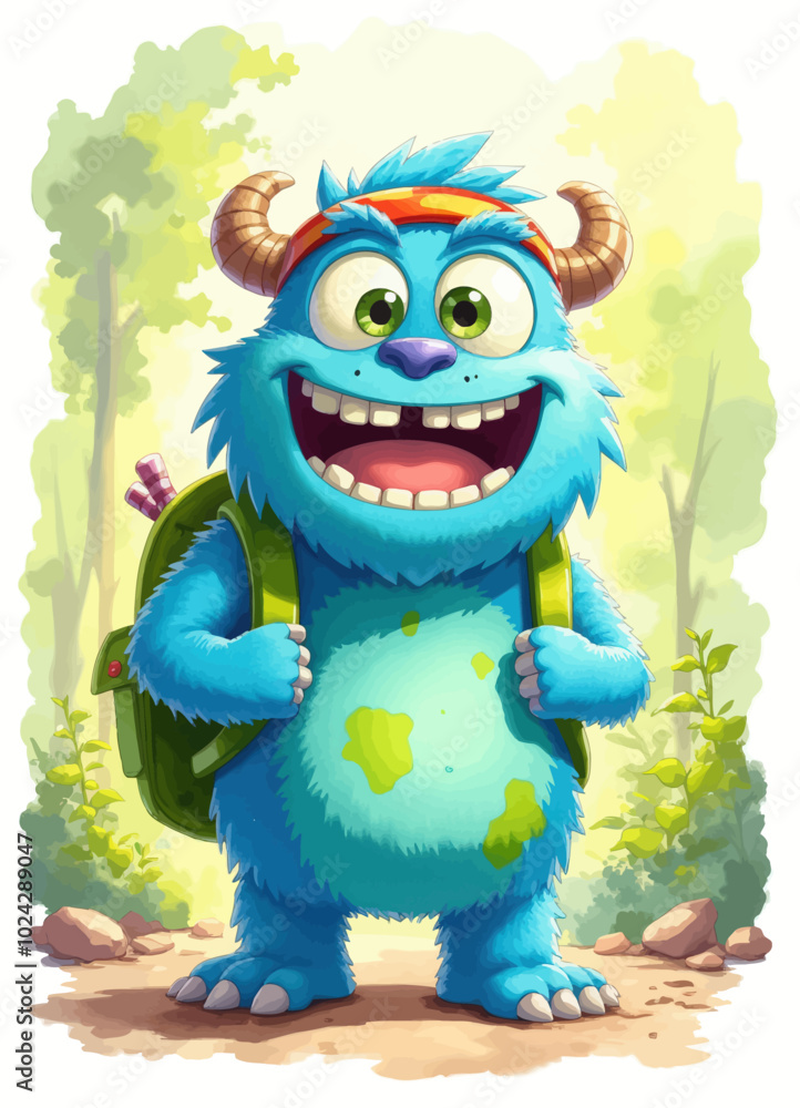 Blue Monster in Forest with Backpack Blue Monster in Forest with Backpack