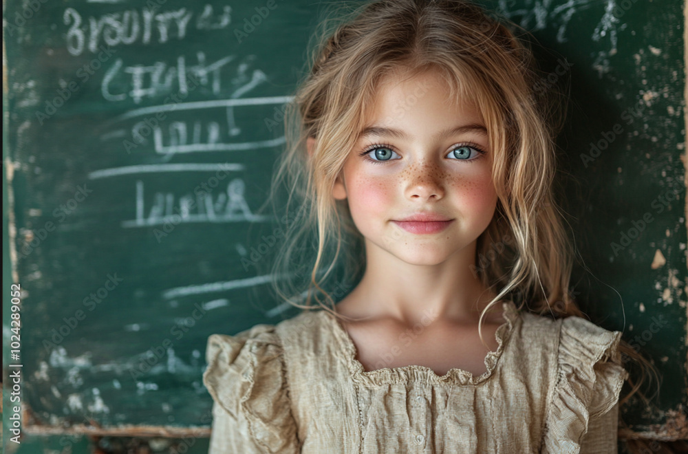 beautiful 12-year-old blonde girl writing with white chalk on a green school blackboard, girl smiling, marble floor, beige dress, with flowers in her hair. beautiful 12-year-old blonde girl writing with white chalk on a green school blackboard, girl smiling, marble floor, beige dress, with flowers in her hair.