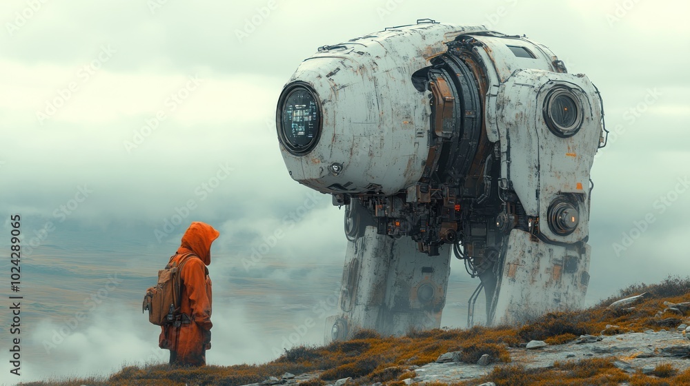 A lone figure in a red hooded jacket stands on a hill, looking up at a large, futuristic, white robot. Fog rolls in around the scene. A lone figure in a red hooded jacket stands on a hill, looking up at a large, futuristic, white robot. Fog rolls in around the scene.