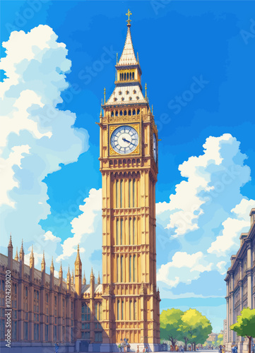 Big Ben Clock Tower in London, UK under Blue Sky with White Clouds