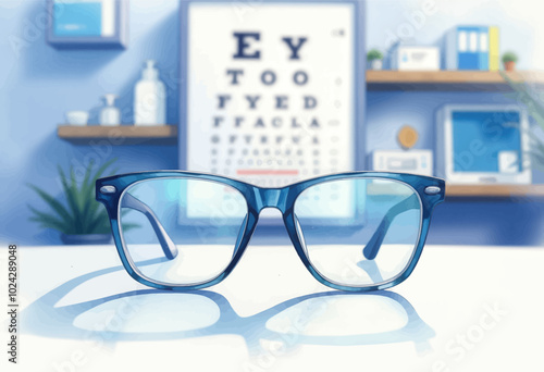Blue Glasses and Eye Chart in an Optometrist's Office