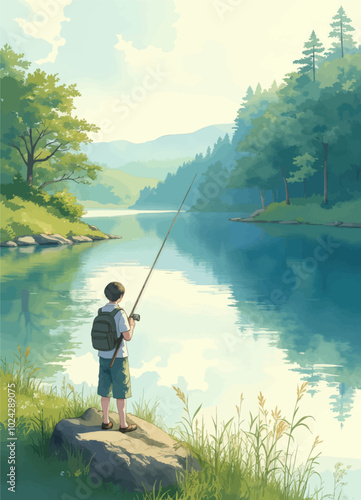 Boy Fishing by Riverbank in Serene Nature

**Keywords:** Boy, Fishing, River, Nature, Serene, Fishing Rod, Riverbank, Outdoors, Peaceful, Landscape