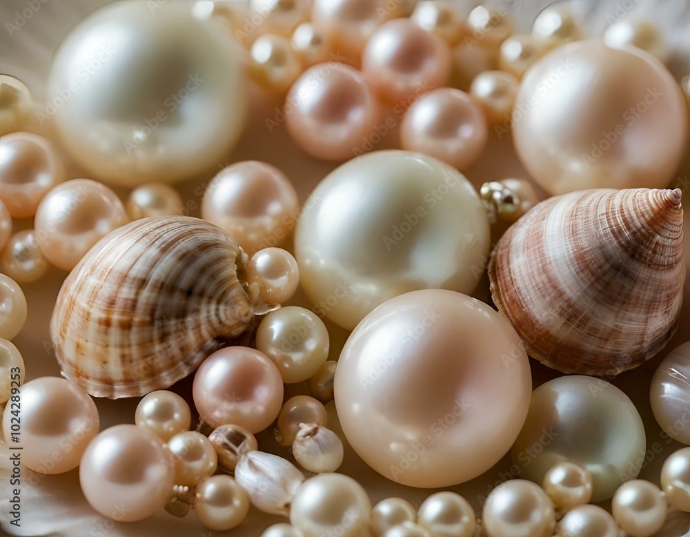 Elegant collection of lustrous pearls and delicate seashells in soft pastel hues for luxury jewelry design Elegant collection of lustrous pearls and delicate seashells in soft pastel hues for luxury jewelry design