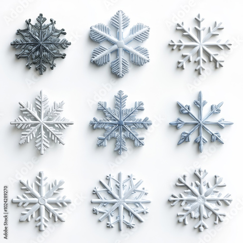Unique snowflakes in stylish silver metallic design, on white background. New Year decorations