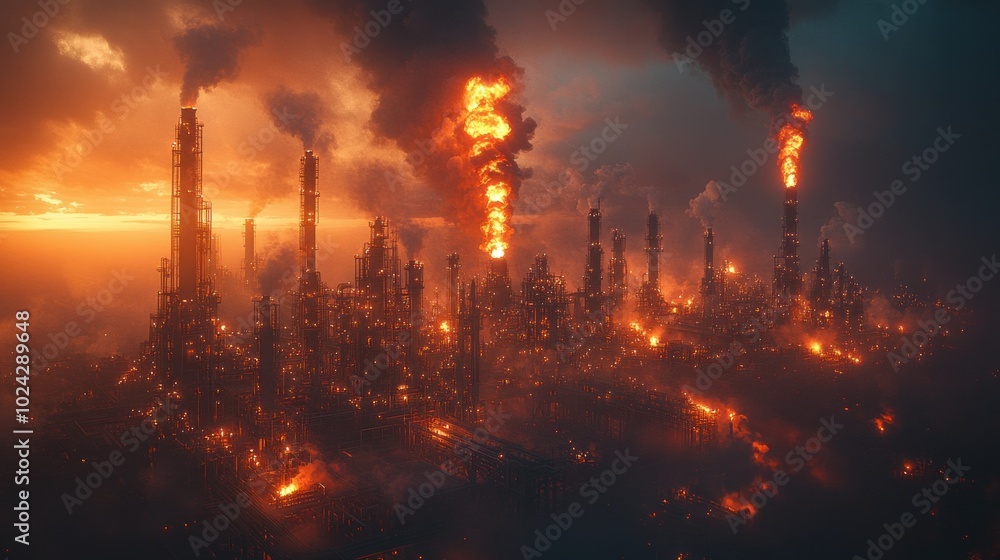 A large industrial complex with tall chimneys spewing smoke and flames into the air at sunset. A large industrial complex with tall chimneys spewing smoke and flames into the air at sunset.