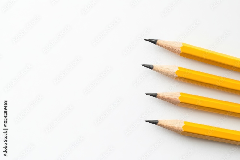 Bright yellow pencils aligned on clean white surface Bright yellow pencils aligned on clean white surface