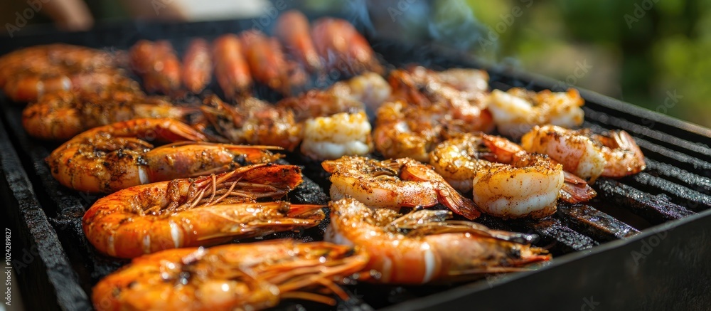 Appetizing Delicious Fried Seafood Fish Shrimp On A Barbecue Grill Outdoors Selective Focus Appetizing Delicious Fried Seafood Fish Shrimp On A Barbecue Grill Outdoors Selective Focus