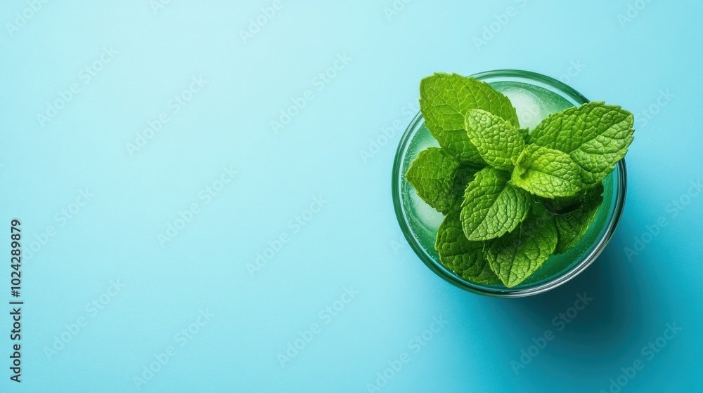 Fresh mint leaves in glass bowl on blue background Fresh mint leaves in glass bowl on blue background