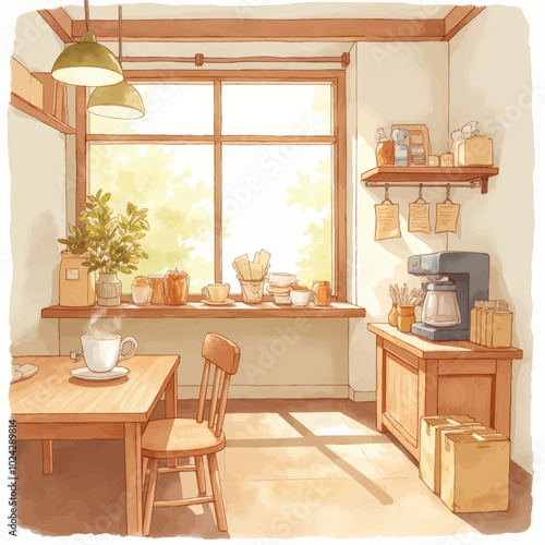Cozy Caf? Corner with Wooden Table and Coffee