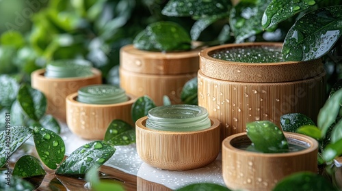 Five natural skincare products in bamboo jars, sitting on a table with green leaves.