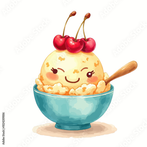 Cute Ice Cream with Cherries in Blue Bowl