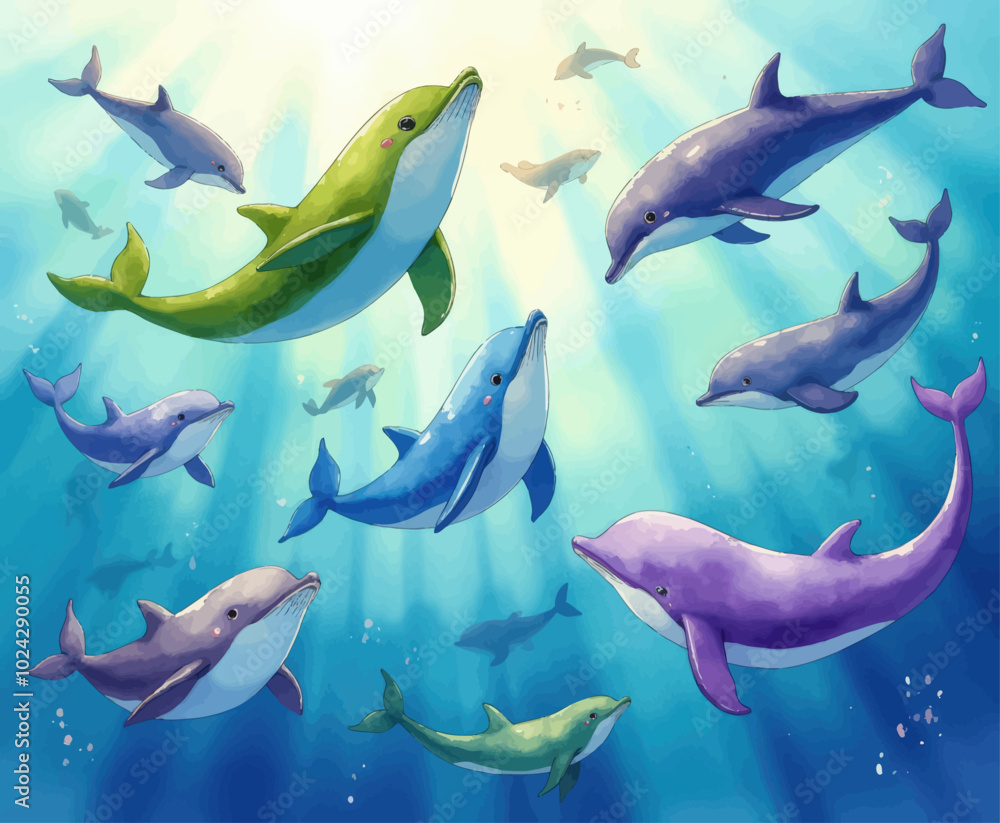 Fototapeta premium Dolphins Swimming in Sunlit Waters