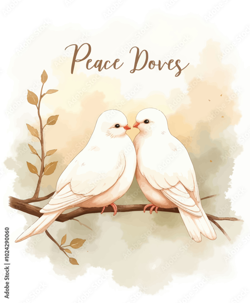 Fototapeta premium Doves on Branch - Peaceful Kiss