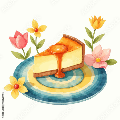 Delicious Cheesecake with Caramel Drizzle and Flowers